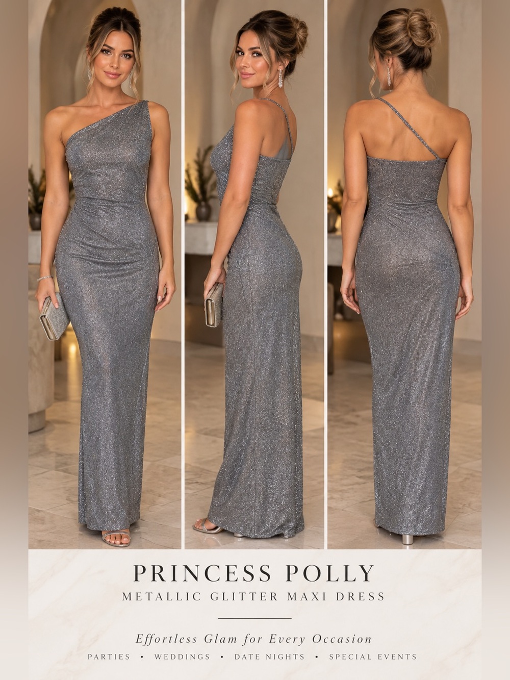 Metallic Glitter Evening Party Maxi Dress One Shoulder Princess Polly Size 8